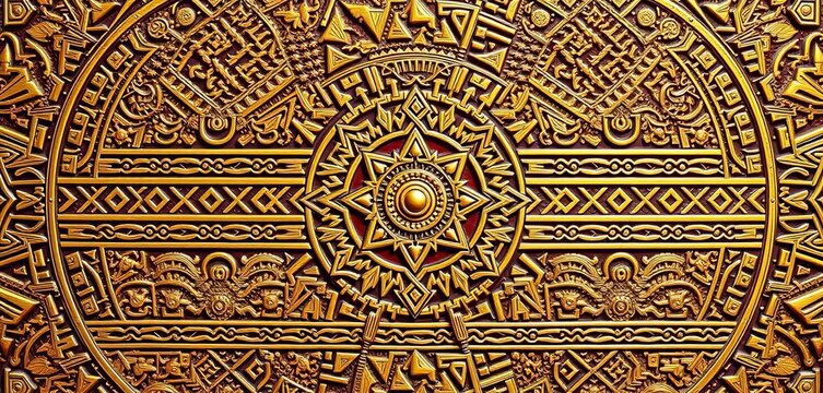 Intricate, gold-toned Aztec metalwork, repeating geometric design,   antique,  ancient