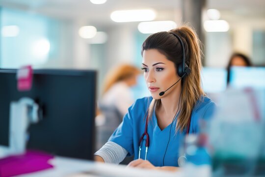 Female healthcare professional working in a busy telehealth call center