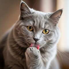 Fototapeta premium Close up of a beautiful gray cat grooming its paw with its tongue