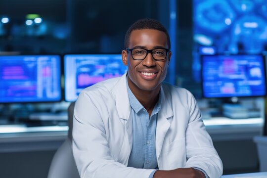 Confident african american scientist in a modern healthcare research laboratory