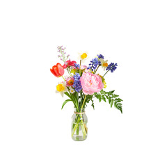 Colorful spring flower bouquet in a glass vase isolated on transparent background
