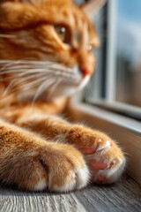 Ginger cat lying on windowsill with focus on cat paws. Concept of pets relaxation