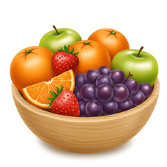 Wooden bowl filled with fresh colorful fruits healthy food display