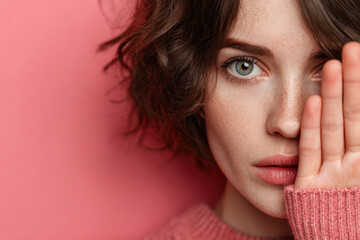 Close-up portrait of young woman covering part of face with hand against pink background. Concept of privacy, secrecy and self-protection