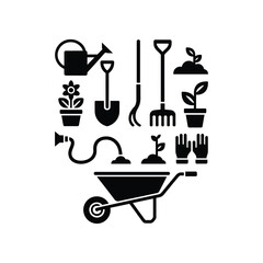 Collection of gardening tools and plants arranged in a heart shape