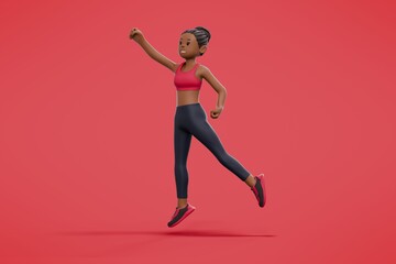 3d rendering of african sport woman character jumping with the background
