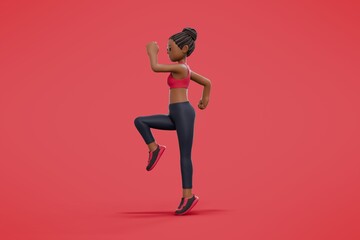 3d rendering of african sport woman character do walking and focusing to the track with the background