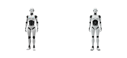 Robotic figures in action modern studio minimalist environment front futuristic concepts. Set cut out PNG