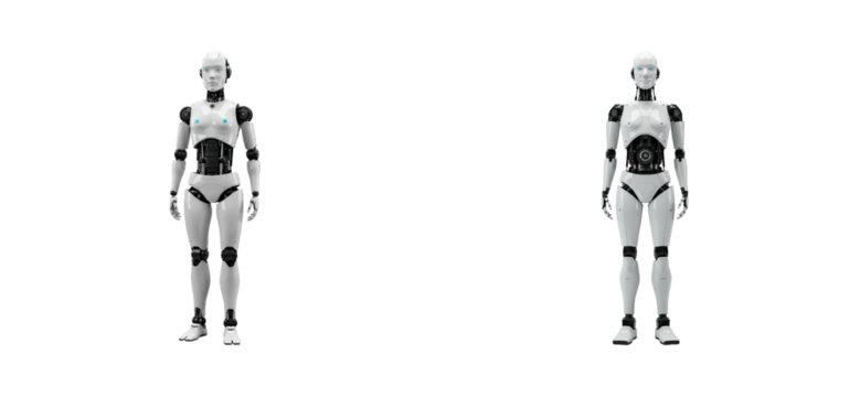 Robotic figures in action modern studio minimalist environment front futuristic concepts. Set cut out PNG