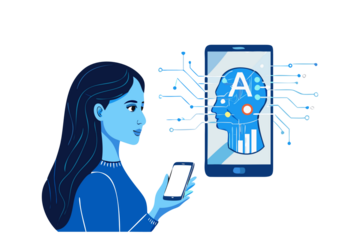 Woman interacting with artificial intelligence on a smartphone screen with digital circuits