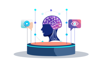 Futuristic digital brain hologram displayed on a platform with glowing nodes and data streams