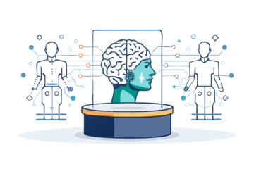Futuristic holographic projection of a human head with brain activity displayed
