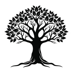 Obraz premium Tree silhouette logo with roots and branches. Black tree vector icon, logo illustration.