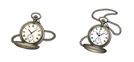 Vintage pocket watch showcase antique market digital artistic display time concept. Set cut out PNG