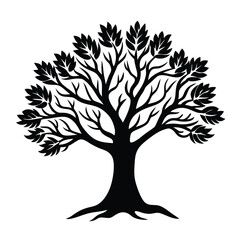 Obraz premium Tree silhouette logo with roots and branches. Black tree vector icon, logo illustration.