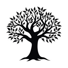 Tree silhouette logo with roots and branches. Black tree vector icon, logo illustration.