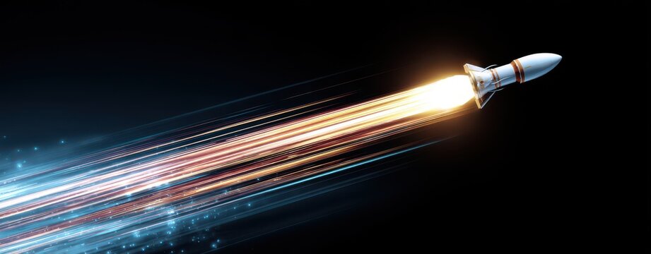 A rocket taking off with light trails against a dark background