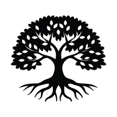 Obraz premium Tree silhouette logo with roots and branches. Black tree vector icon, logo illustration.