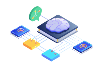Futuristic digital brain on a computer chip connected to multiple processors in a network