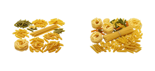 Creative culinary display of various pasta types kitchen counter food bright setting top culinary art. Set cut out PNG