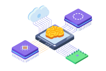 Abstract representation of artificial intelligence and cloud computing connected by microchips