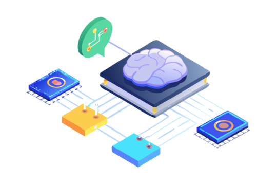 Futuristic digital brain on a computer chip connected to multiple processors in a network