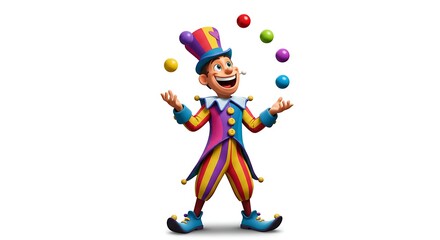 A cartoon theme park performer with an enthusiastic grin, juggling colorful balls in a bright costume, white background, playful and saturated colors

