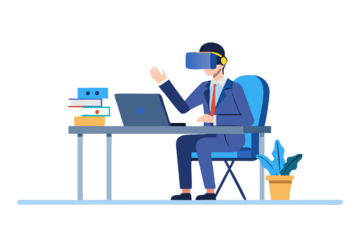 Businessman wearing virtual reality headset interacting with technology at his desk