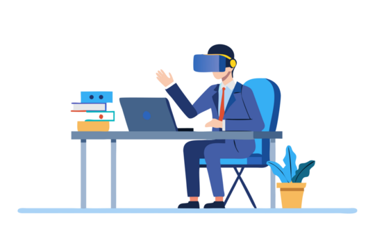 Businessman wearing virtual reality headset interacting with technology at his desk