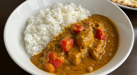 A bowl of curry with rice and tomatoes on a white plate sitting on a dark brown surface