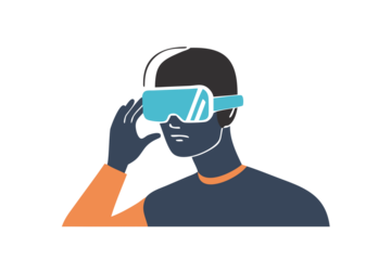 Person wearing futuristic virtual reality headset exploring digital world on black background