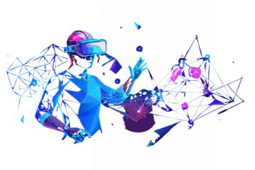 Futuristic person wearing virtual reality headset interacting with digital augmented reality interface
