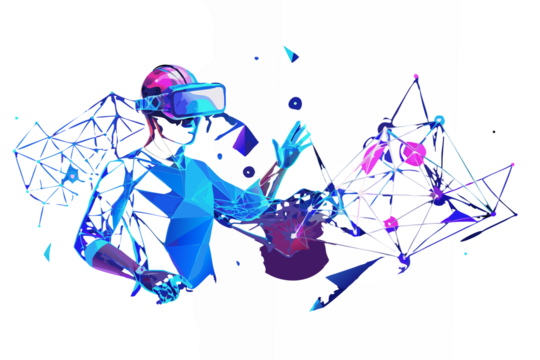 Futuristic person wearing virtual reality headset interacting with digital augmented reality interface