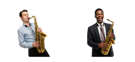 Jazz performance by musicians with saxophones studio setting portrait images vibrant atmosphere. Set cut out PNG