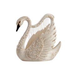 Elegant Swan Harp Figurine Ornate White Sculpture with Pearl Accents