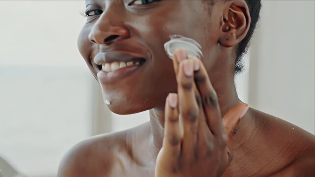 A young African woman, elegantly dressed, sits before a mirror. She gracefully applies shea butter to her lips, her expression serene and content.