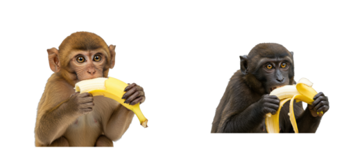 Playful monkeys enjoying bananas zoo exhibit wildlife indoor environment animal behavior. Set cut out PNG