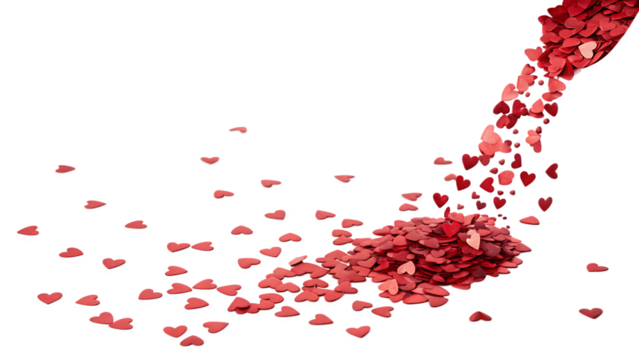 3d illustration of red heart confetti scattered and falling isolated on transparent background