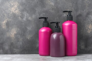 Obraz premium Three pink and purple plastic bottles with pump tops on a gray surface.