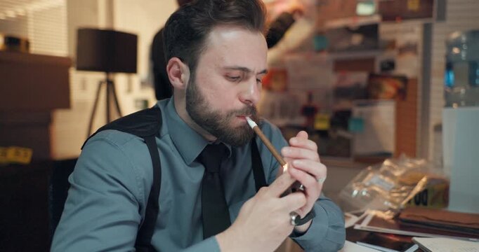 Man, detective and smoking cigar in office for investigation, problem solving and crime case. Thinking, male person and reflection for clues, suspect motive and justice decision for mapping evidence