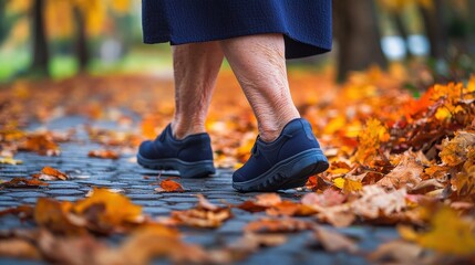 Elderly walking feet wearing dark athletic shoes moving across colorful fall foliage on stone walkway