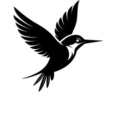 black silhouette logo of a Simple kingfisher flying logo design  white background. 