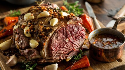 Garlic studded roast beef with herbs and spices on wooden cutting board, sliced to show perfectly cooked interior with roasted vegetables and rich gravy sauce
