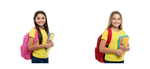 Students smiling with backpacks school environment portrait classroom setting positive vibes. Set cut out PNG