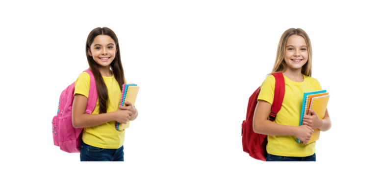 Students smiling with backpacks school environment portrait classroom setting positive vibes. Set cut out PNG