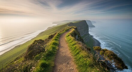 Winding dirt path along a green grassy cliff edge overlooking the ocean at sunrise coastal trail