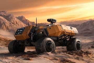 Obraz premium Advanced robotic rover explores a Martian landscape during sunset