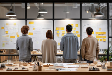 A group of four creative professionals from behind, stand looking at a whiteboard covered with sticky notes and sketche collaborating on a project in a modern office space showing team work