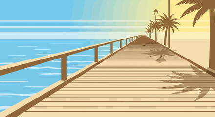 Fototapeta premium Stylized illustration of a wooden pier extending into the ocean at sunset depicting relaxation