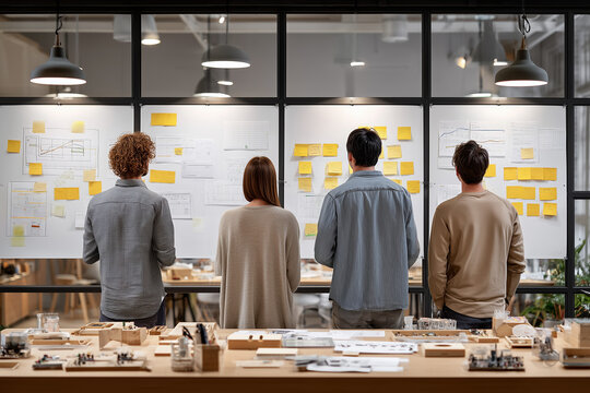 A group of four creative professionals from behind, stand looking at a whiteboard covered with sticky notes and sketche collaborating on a project in a modern office space showing team work